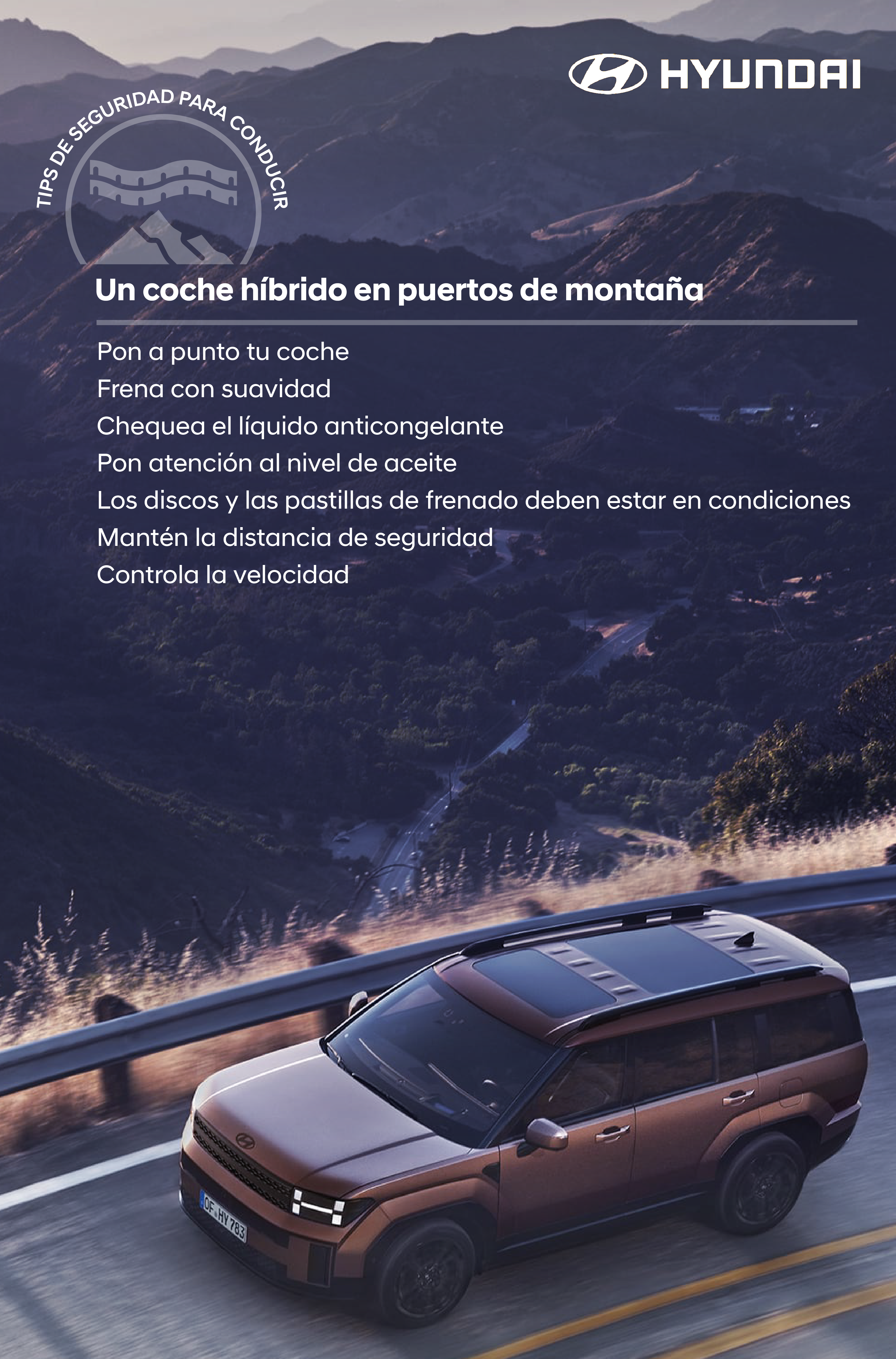Tips de seguridad para conducir un coche híbrido en puertos de montaña
Pon a punto tu coche
Frena con suavidad
Chequea el líquido anticongelante
Pon atención al nivel de aceite
Los discos y las pastillas de frenado deben estar en condiciones
Mantén la distancia de seguridad
Controla la velocidad